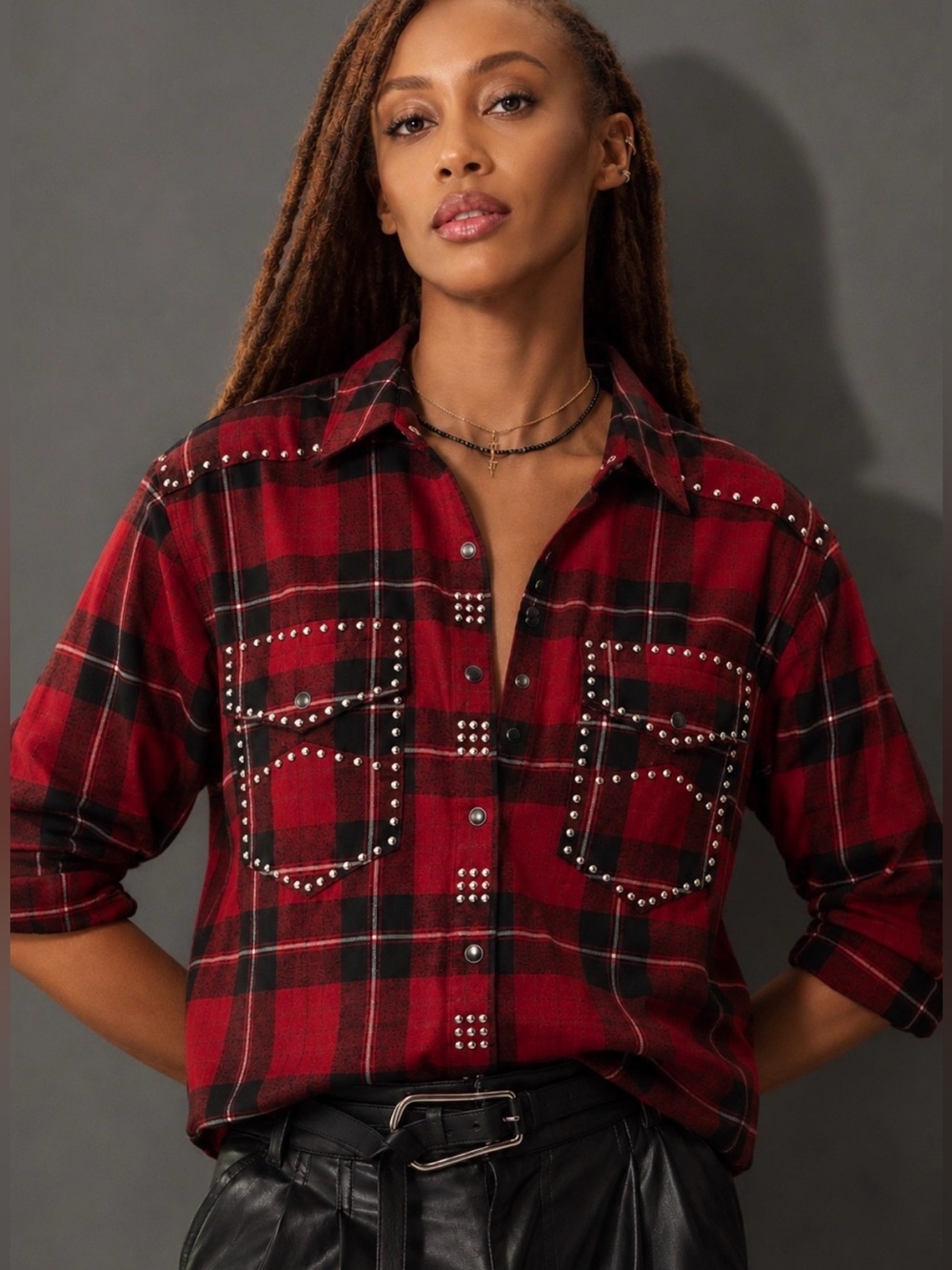 The Kooples James Heritage Plaid Studded Western Button Down Shirt Size L